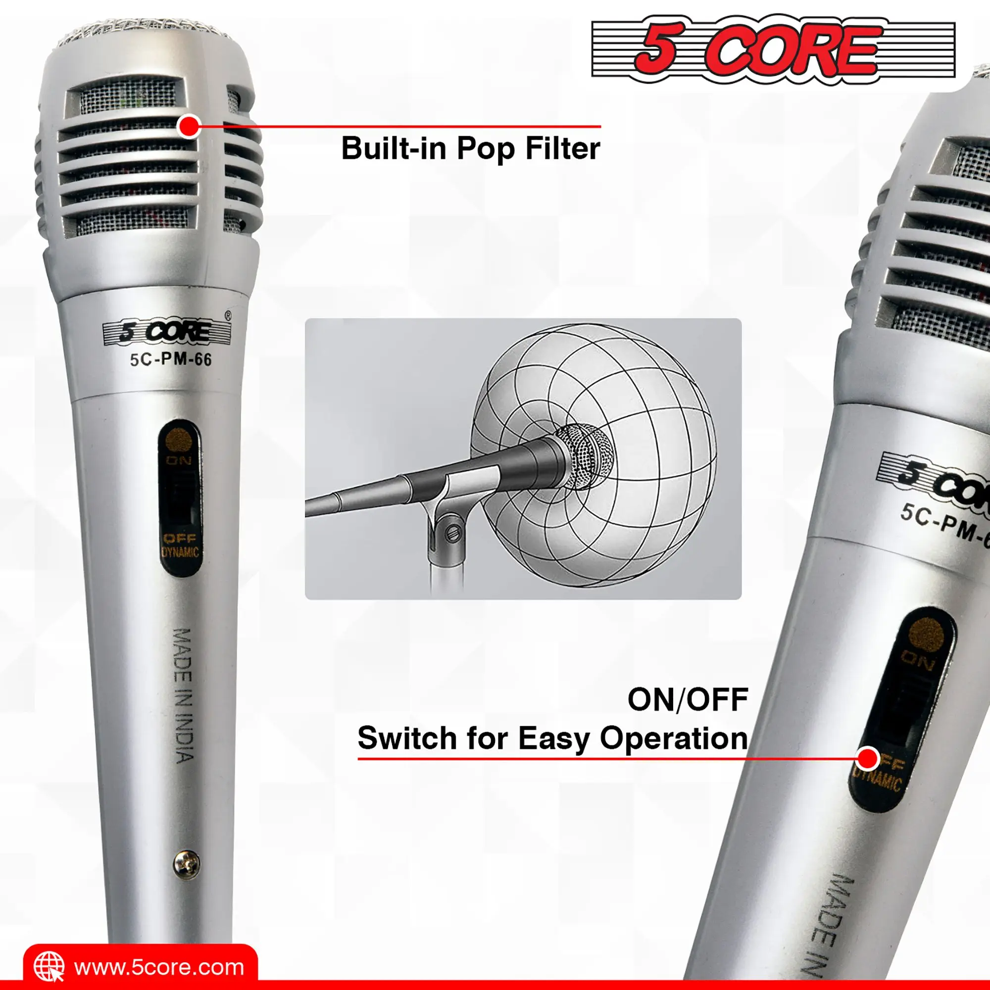 5 CORE Microphone Dynamic Vocal Handheld Mic Cardioid Unidirectional Microfono w On Off Switch + XLR Audio Cable for Singing