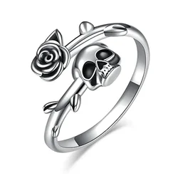 Goth Unique Skull Head Rose Silver Color Ring for Women Fine Jewelry Finger Adjustable Open Vintage Ring for Party Birthday Gift