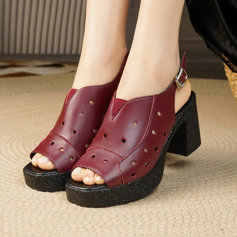 

8cm All Match Comfortable Open Head Slingback Genuine Leather Sandals 2025 Block High Heels Shoes for Office Mom Hole Shoes