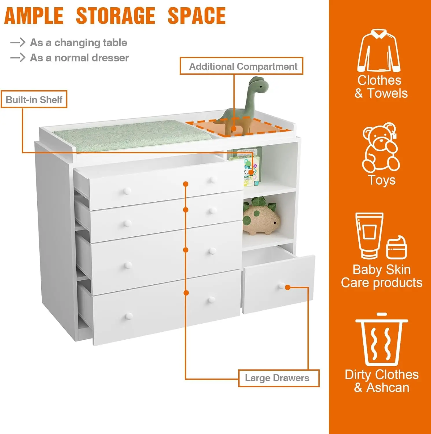 خزانة أطفال كلاسيكية مع 5 أدراج ورفين، طاولة تغيير حفاضات الأطفال متعددة الوظائف، تغيير الحفاضات