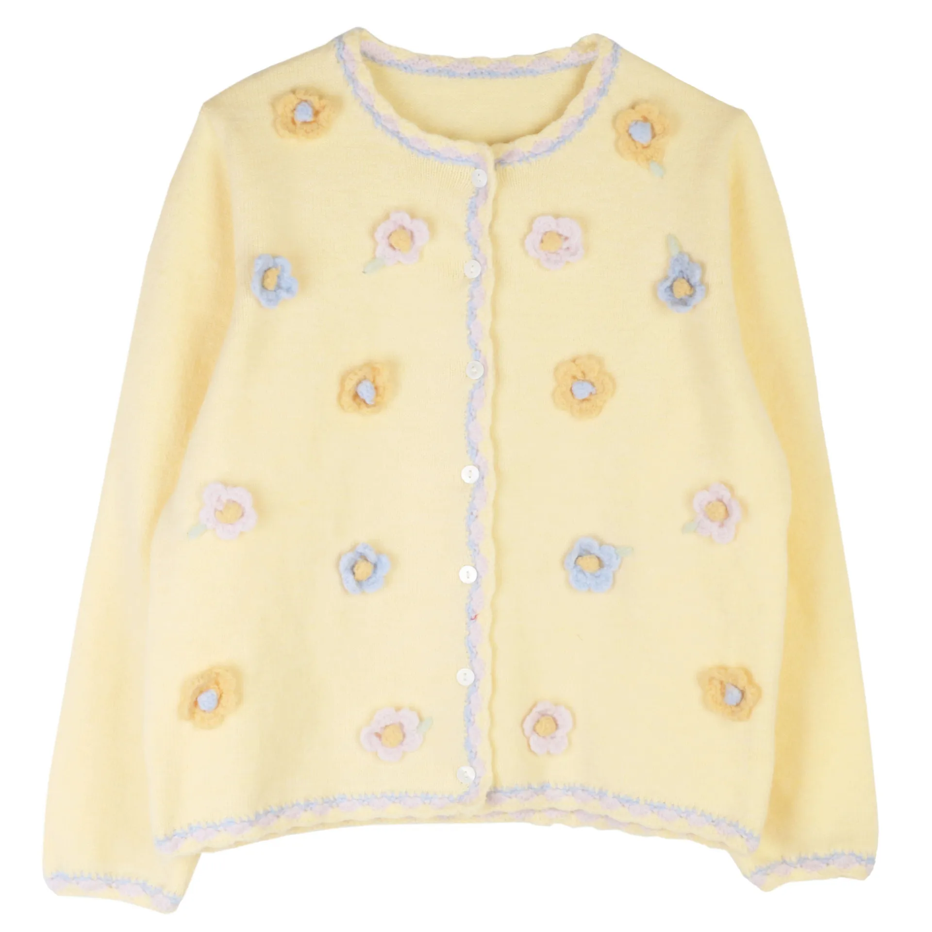 

2025 Autumn And Winter Bohemian Hand Crochet Flower Sweater Cardigan O-Neck French Sweet Long Sleeve Women Knitted Tops Sweater