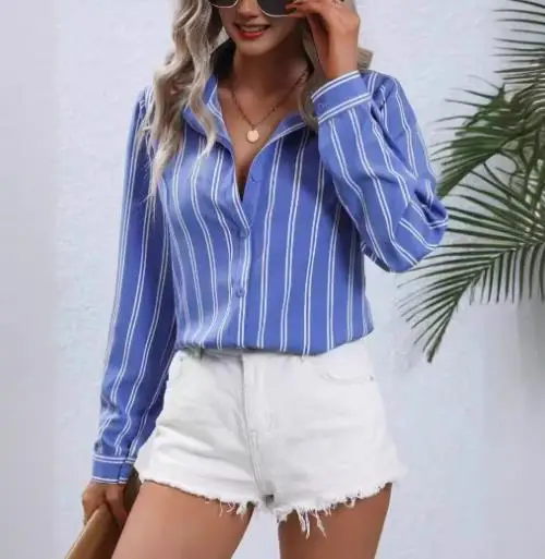 

Повседневная и минималистичная женская рубашка с длинными рукавами и воротником для поездок на работу, осенняя модная однобортная рубашка в полоску с принтом
