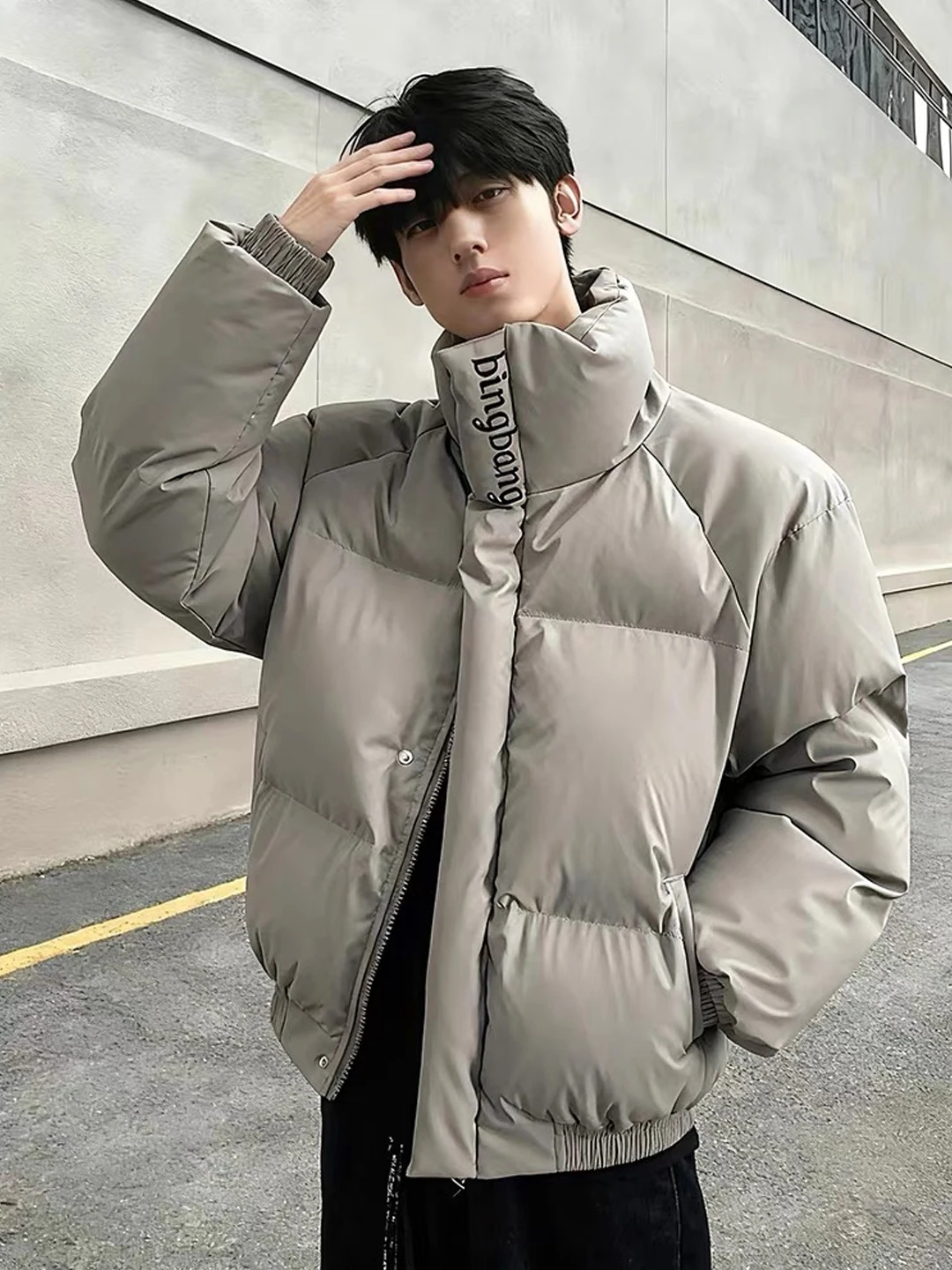 

American Sle Embroidered Stand Collar down Jaet Men's Winter Tee Proof Thi ort Cotton PU Leather Jinjiang Cotton Coat