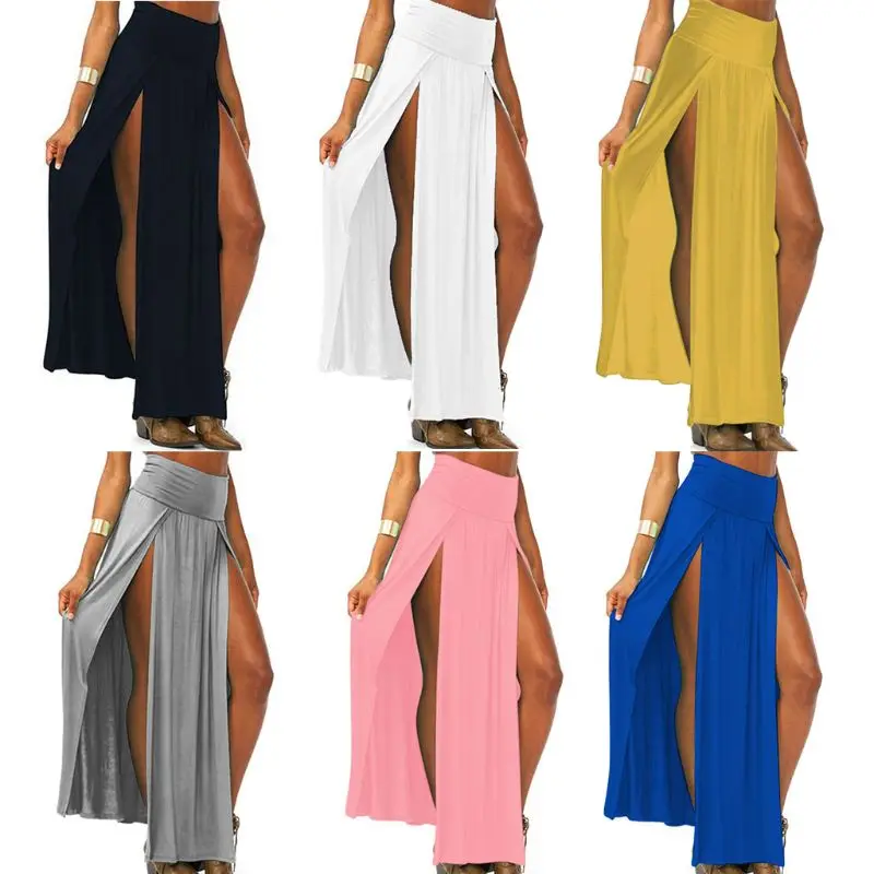 

Womens High Waist Sexy Double Slit Front Open Knit Maxi Long Skirt Solid Color P DropShip