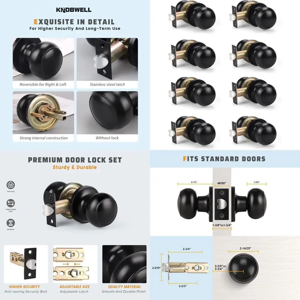 

Matte Black Non-Locking Round Door Knob Set for Interior Passage, Suitable for Hallway and Closet