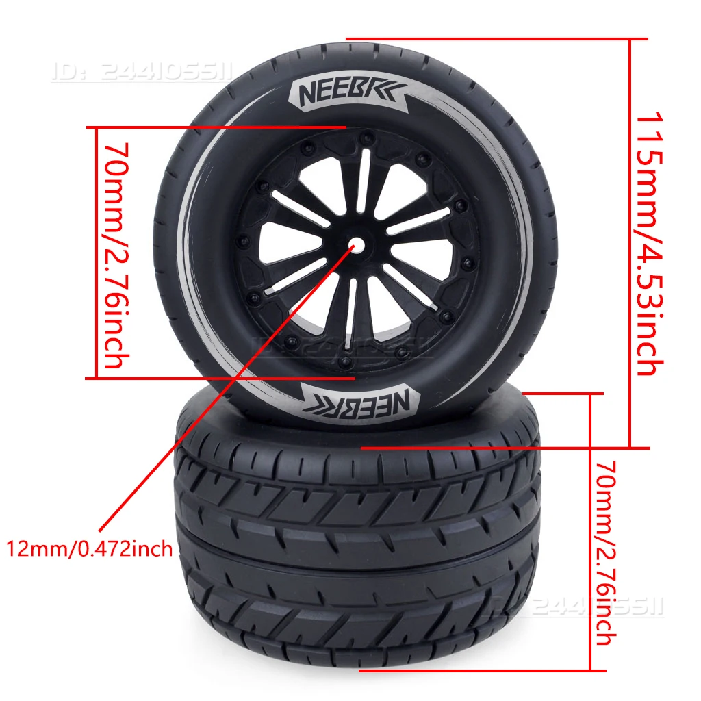 4個 115mm ゴムタイヤ ホイールリム ハブ 12mm 六角 1/10 RC モンスターカー オフロード バギー トラック レッドキャット HPI トラクサス サベージ Xs用