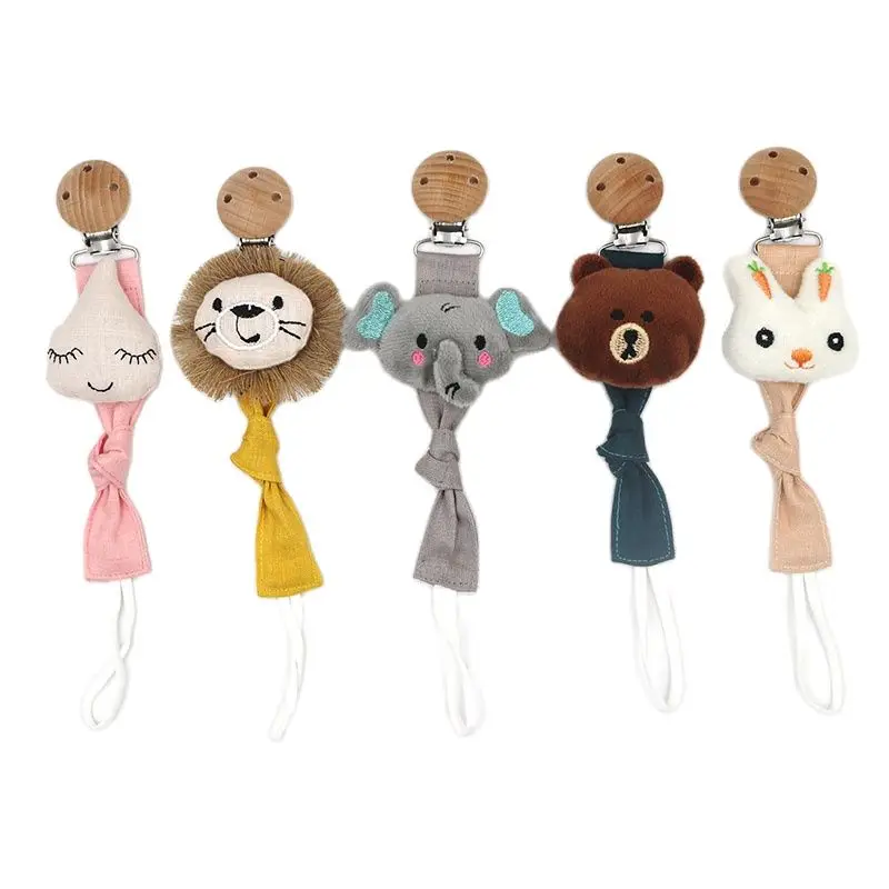 Dropshipping New Arrival Baby Linen Cotton Animal Wooden Pacifier Chain Nipple Soother Dummy Holder