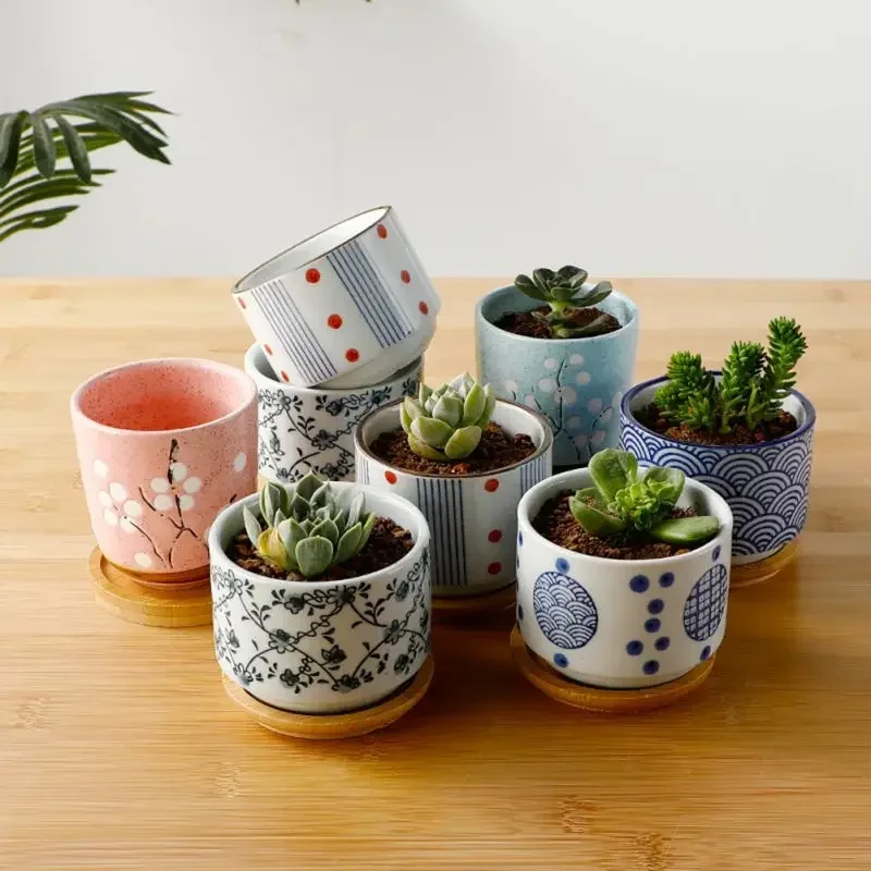 Doniczka z bambusową tacą w stylu japońskim Ceramiczna partia Mini cementowa soczysta sadzarka Bonsai Dekoracja ogrodowa Biuro Dom Roślina