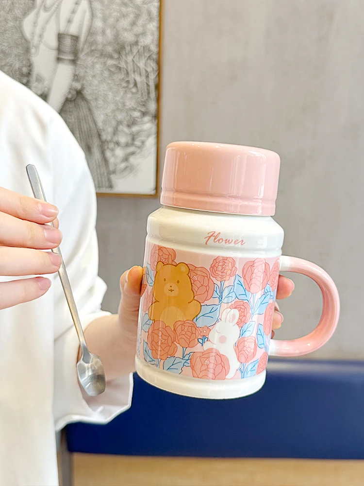 

Mug Large Capacity Ceramic Spoon with Lid Small Fresh Cartoon Flower Printing Dyeing Good-looking Exquisite Home Office Kettle