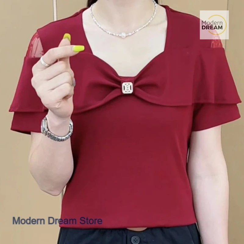 

Summer fashion bow lace off-the-shoulder hollow design sense shirt female French new temperament Joker short-sleeved T-shirt