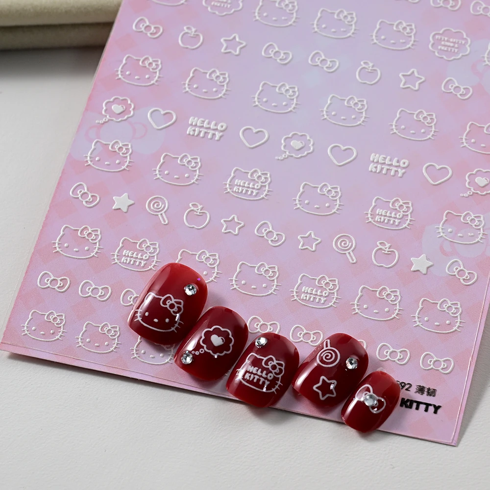 5D Black White Cartoon Hello Kitty Nail Stickers Sanrio Heart Bow Hello Kitty Nail Decorat Self-adhesive Stickers Nail Supplies