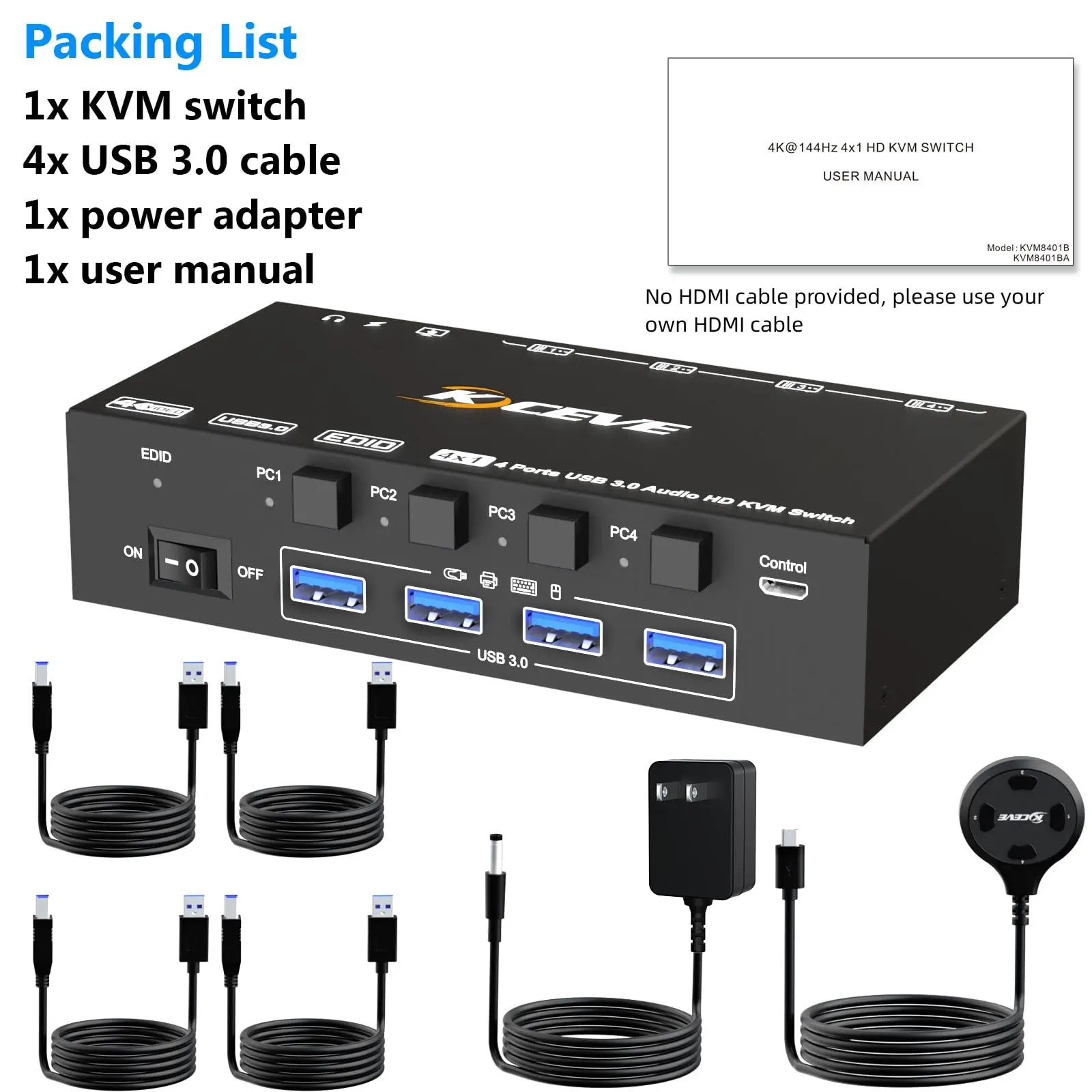 4 in 1 Out HDMI KVM Switch with Audio 8K , KCEVE 8K@60Hz USB 3.0 4 PC KVM Switcher Box with EDID Emulator for 4 Computers