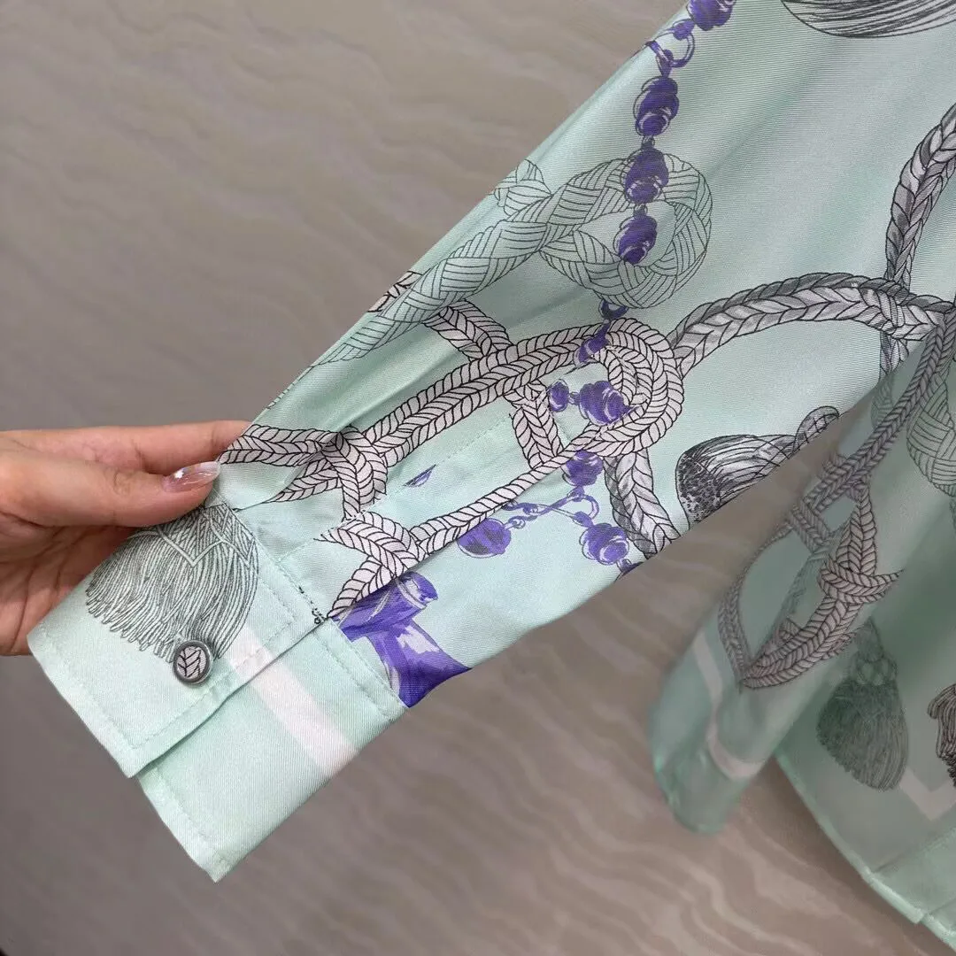 2025 ربيع جديد موضة 100% حك قميص حريري المرأة خمر حبل العرقية طباعة نمط التلبيب كم طويل بلوزات غير رسمية