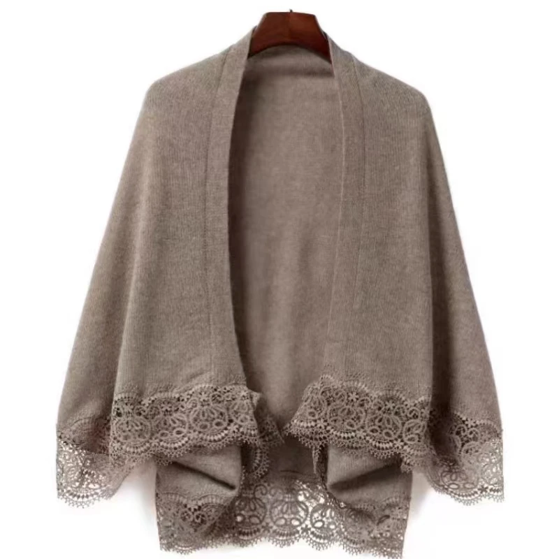 High End Pure Wool Knitted Shawl With Lace Lace Lace Cardigan, Solid Color Cape Shawl, Versatile For Women, Elegant Light Luxury