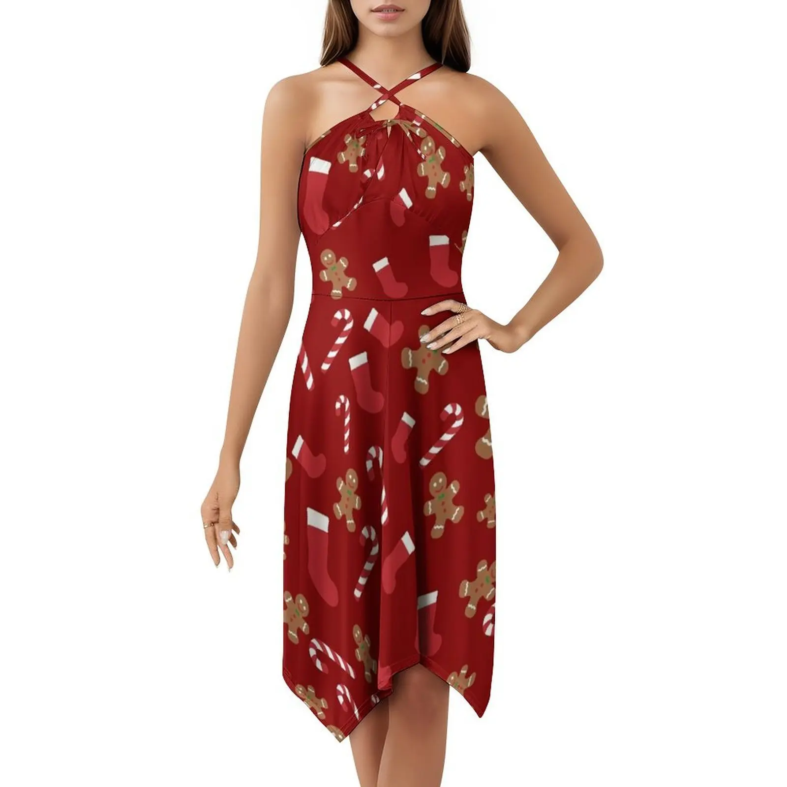 Cute Christmas Pattern Gingerbread Man Stockings Candy Korean Style Dress For Women Elegant Casual Dress For Party Or Daily #5