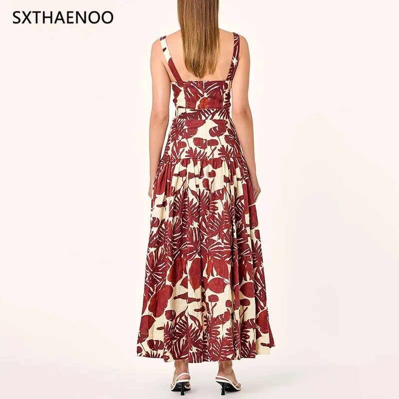 SXTHAENOO 2025 Estate Donna in cotone stampato con spalle scoperte Gonna lunga Vacanza al mare Maxi Boho Chic Moda Abito da festa sexy