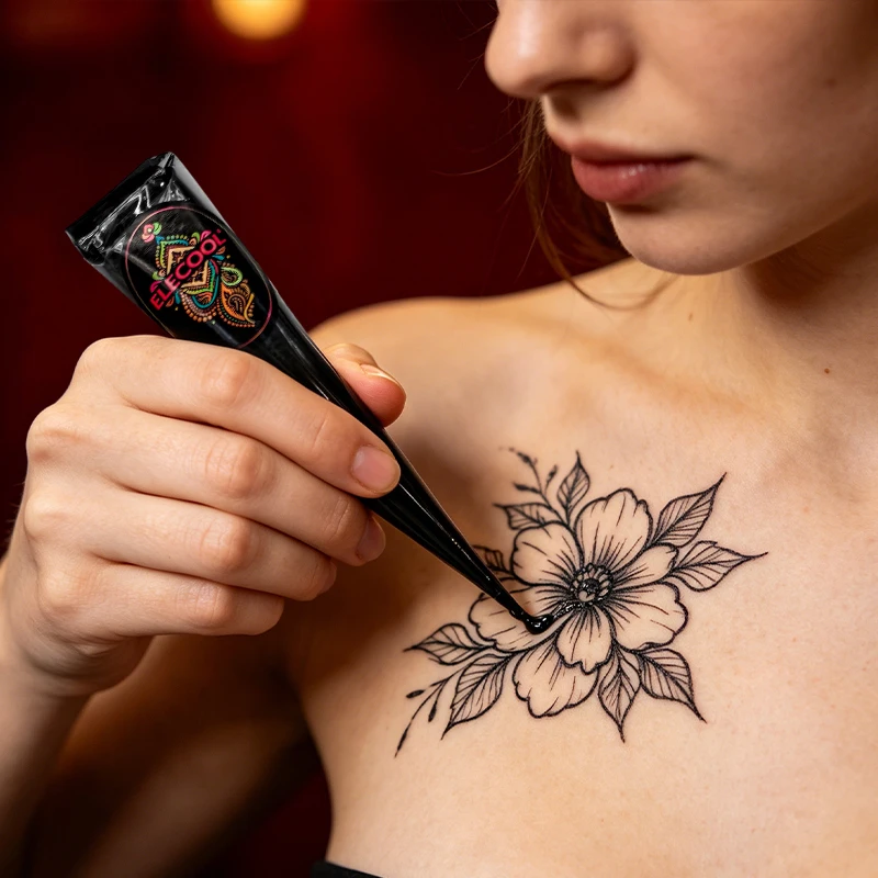 4pcs Juice Tattoo Cream Set, 2pcs Black & 2pcs Brown Henna Tattoo Paste, Long‑Lasting DIY Body Art Painting Temporary Skin Draw
