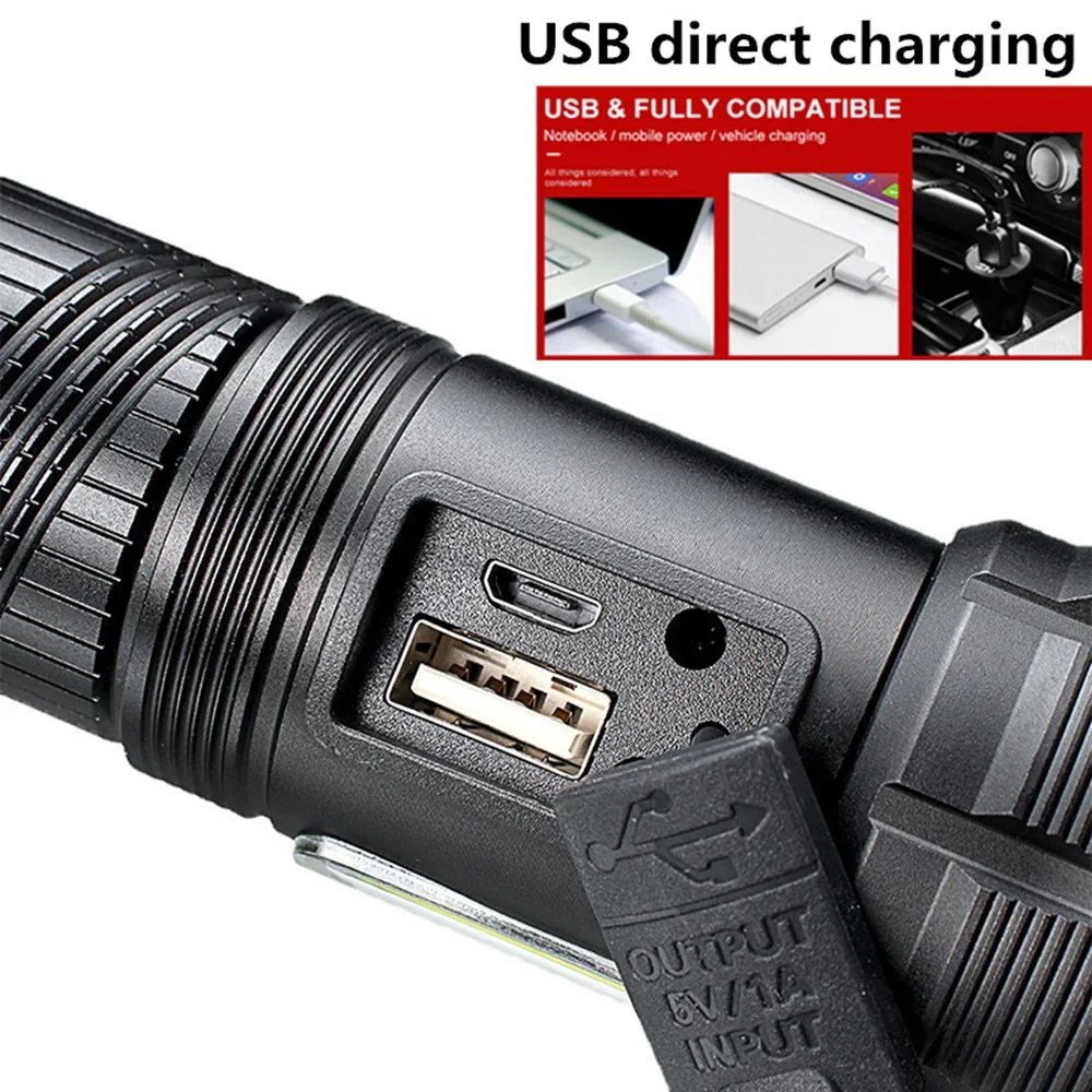 8000000LM XHP360+COB Powerful LED Flashlight Aluminum Torch With USB Charging Long Range Camping Zoom Lanterns