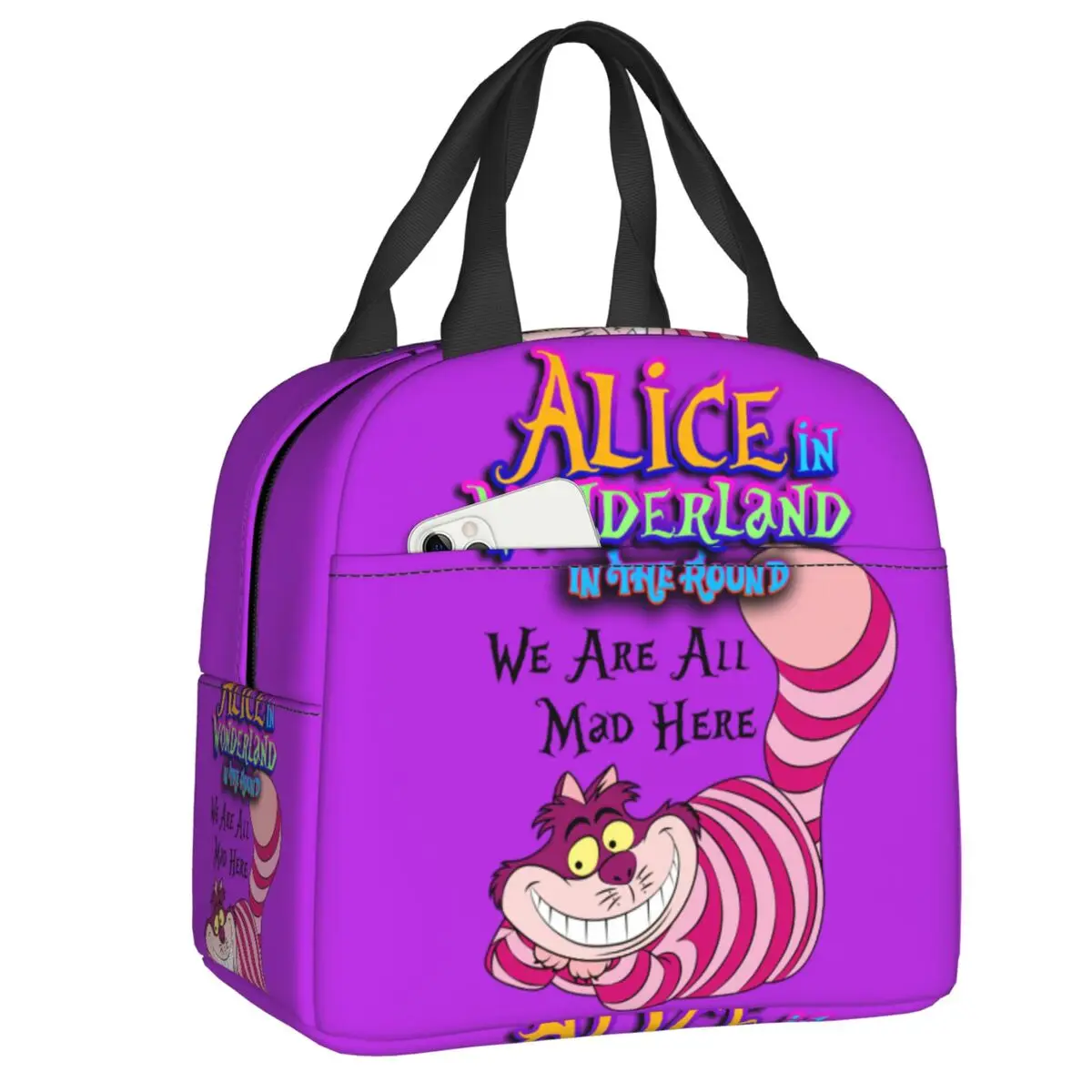 

Custom Alice In Wonderland Lunch Box for Women Cheshire Cat Thermal Cooler Food Insulated Lunch Bag School Children Student