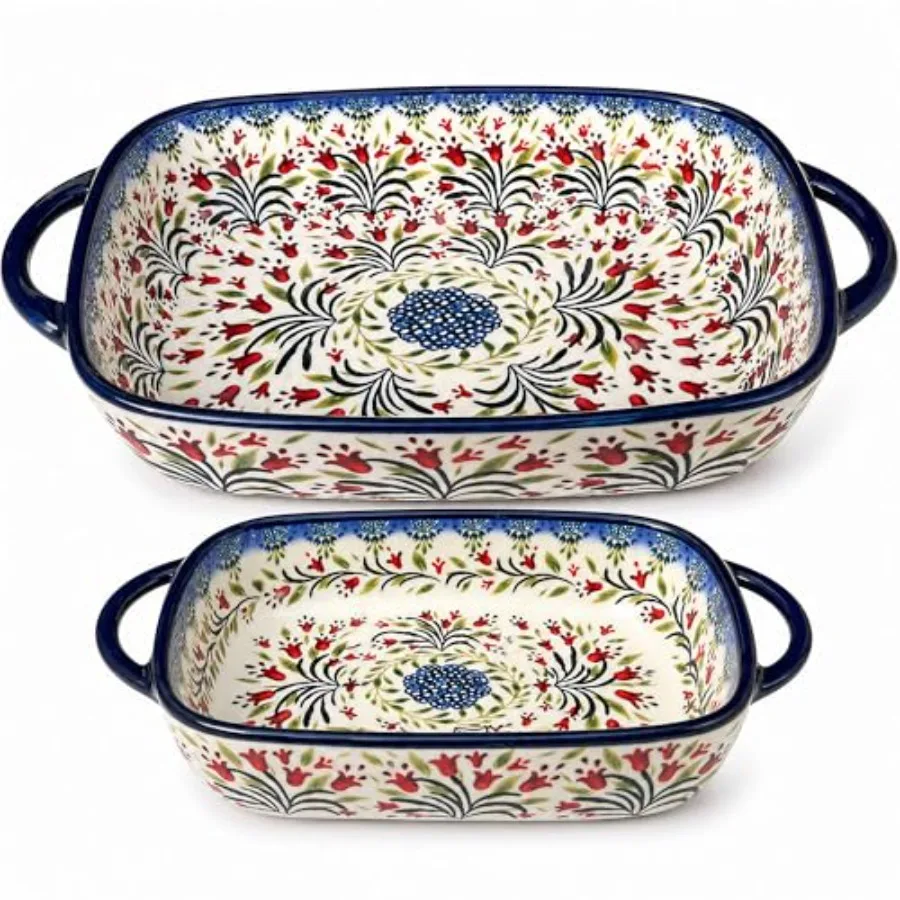 

Polish Pottery Style Ceramic Baking Dish Set, 2-Piece Large and Small Casserole Bakers for 2 3 People, Floral Oven-to-Table Bak