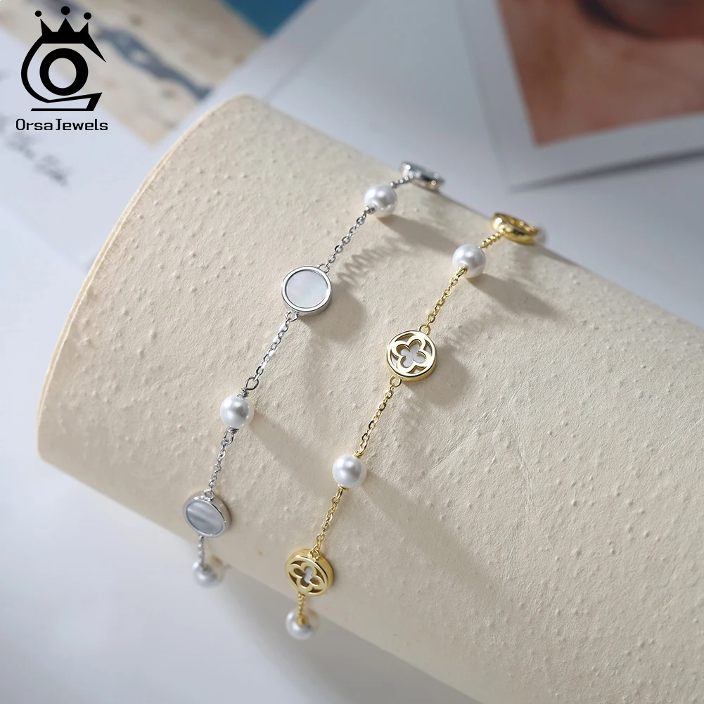 

ORSA JEWELS Lucky Four Leaf Clover Anklets with Round Shell Female 925 Sterling Silver Bracelets on Leg Jewelry for Women GMA06