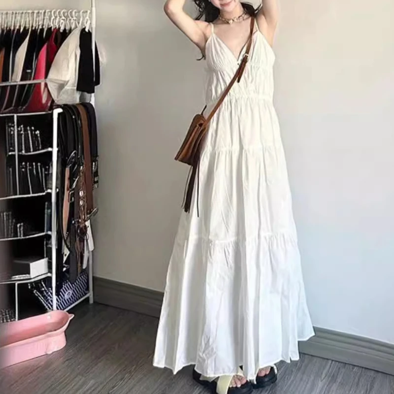 Weißer Feenrock, Trägerrock, Urlaubskleid am Meer, Damen-Look, dünner Sommerrock, kleiner Stil, langes Kleid