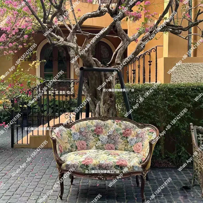 

S69 French Retro Solid Wood Double Three-person Sofa Fabric Printing American Pastoral Carving Leisure Studio Sofa Chair