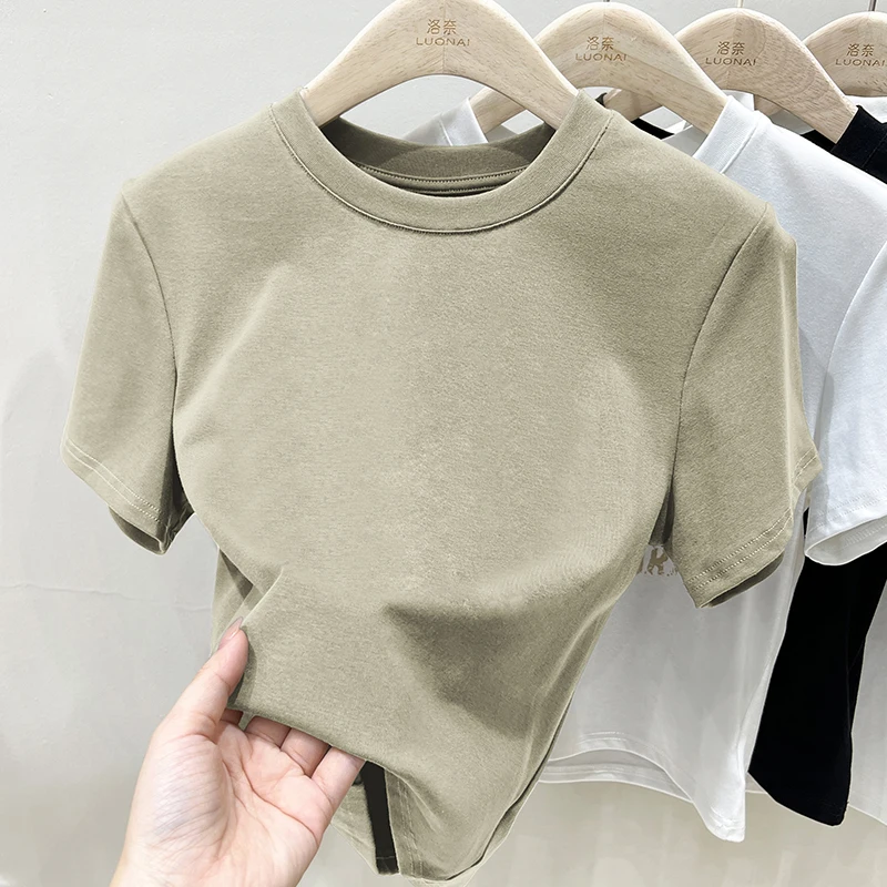 Vintage Solid Color T Shirt Women Y2k Crop Top O-neck Tee Streetwear Short Sleeve T-shirt Summer New Skinny Casual Tops