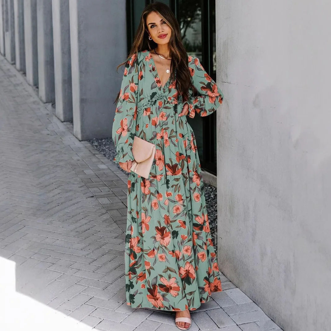 Abito da donna con stampa floreale bohémien vintage, abito lungo con scollo a V e volant a maniche lunghe in vita smock, abito da festa da spiaggia a strati fluido