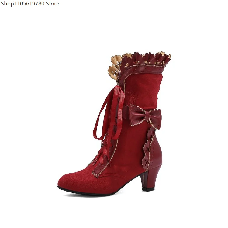 Women Ribbon Ankle Knight Boots Ruffle Bow Design Plus Size Autumn Fashion Footwear Ideal For Overseas Cosplay Carnival Wear 3