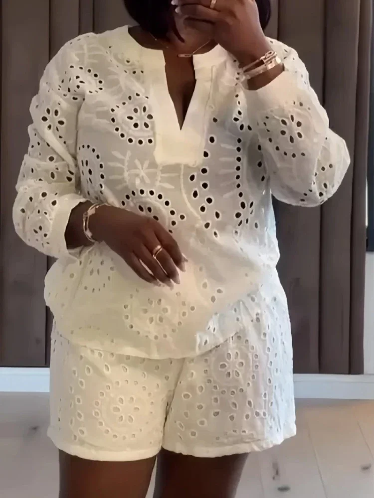 

Shorts Pant Set Women Two Piece Sets V Neck Matching Sets White Y2k Streetwear Loose Hollow Out Tops Short Pants High Waist