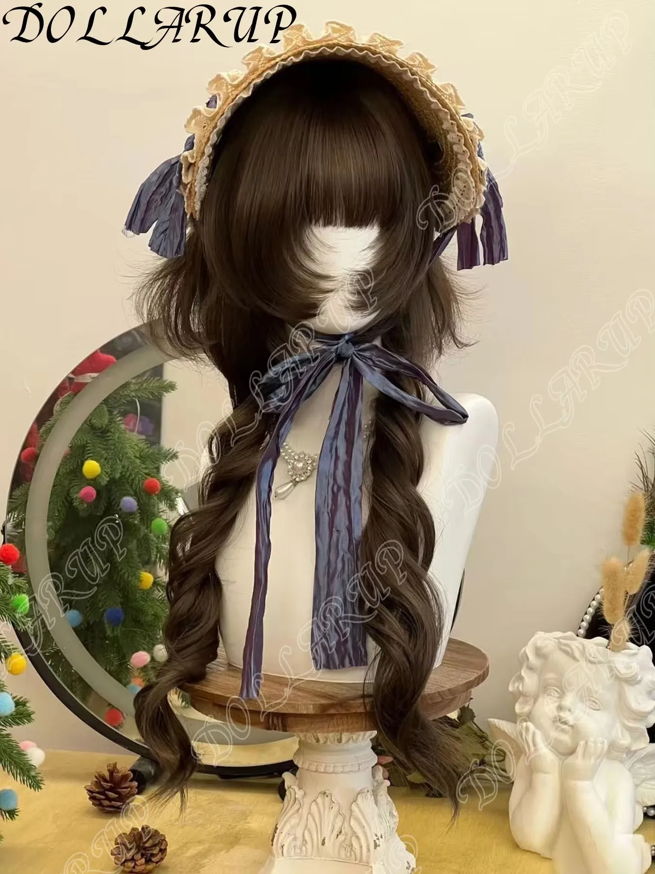 JKL الانفجارات المحطمة مع سوالف بني أسود 50 سنتيمتر ذيل حصان مزدوج طويل مجعد الشعر لوليتا شعر مستعار مع الانفجارات شعر مستعار اصطناعي ل #3