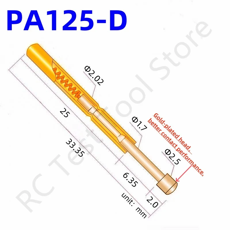 100PCS PA125-D Spring Test Probe PA125-D2 Test Pin P125-D P125-D2 Test Tool 33.35mm 2.02mm Needle Gold Tip Dia 2.50mm Pogo Pin