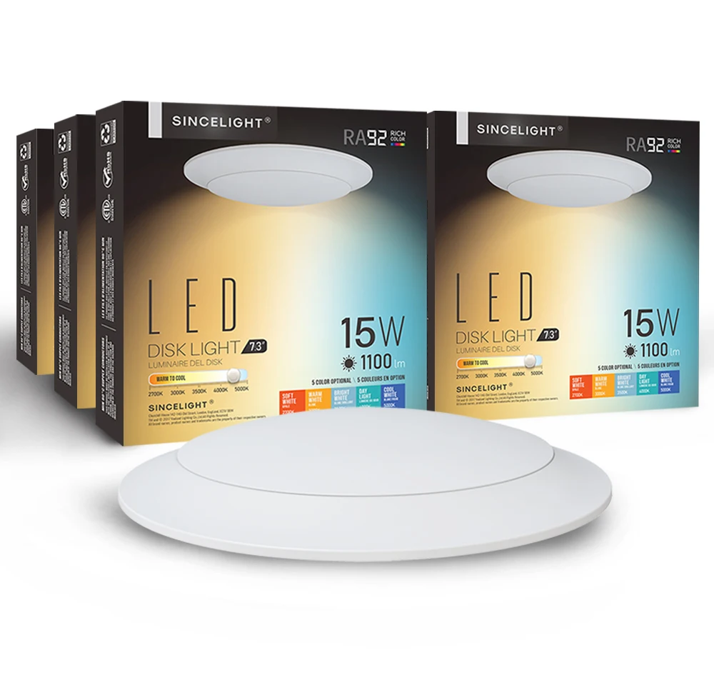 

Pack of 6, 6''/7" Inch LED Ceiling Disk Lights, 15W Dimmable, Flush Mount or Recessed Can Retrofit, 5CCT, Low Profile, ETL&FCC