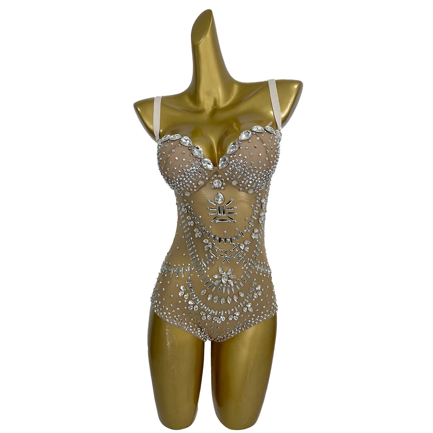 Women's Singer Performance Sexy Dance Costume Stage Bodysuit Sexy Sheer Mesh Sparkly Rhinestones Bodysuit Photography Leotard