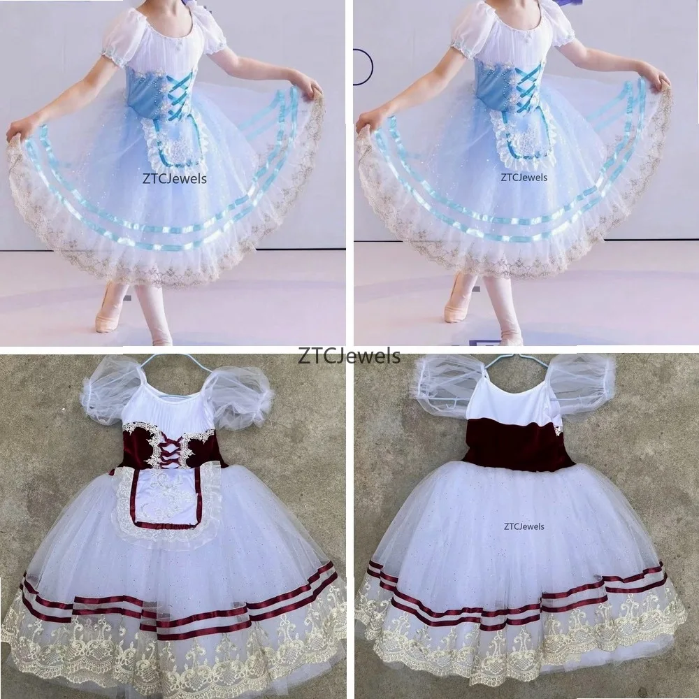 子供バレエスカートチュチュロングドレスステージ衣装青赤ロマンチックバレリーナ服女の子のためのコスプレパフォーマンス