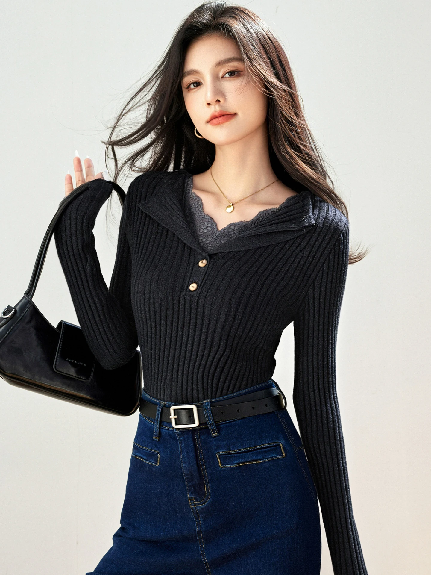 سترة محبوكة مرقعة من الدانتيل للنساء للخريف والشتاء بتصميم زر تحسس وطبقة قاعدة على شكل حرف V #3