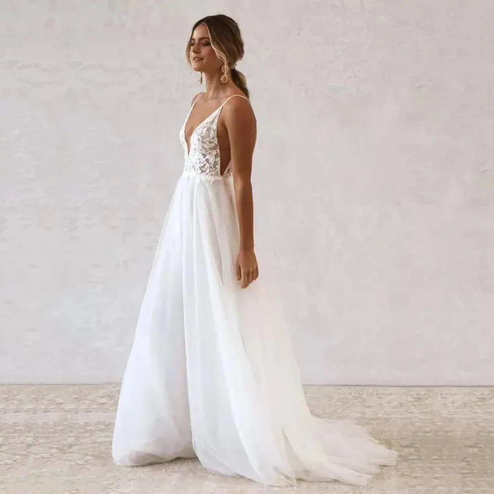 

Boho Wedding Dresses 2025 Sexy Deep V Neck Lace Appliques Backless Bohemian Bridal Dress For Women Tulle Brides Gown Customized