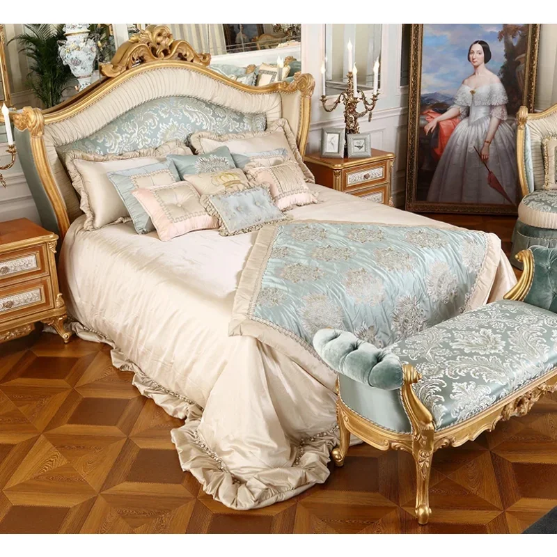 European-style villa bedroom furniture luxury solid wood carving flower fabric 1.8 meters