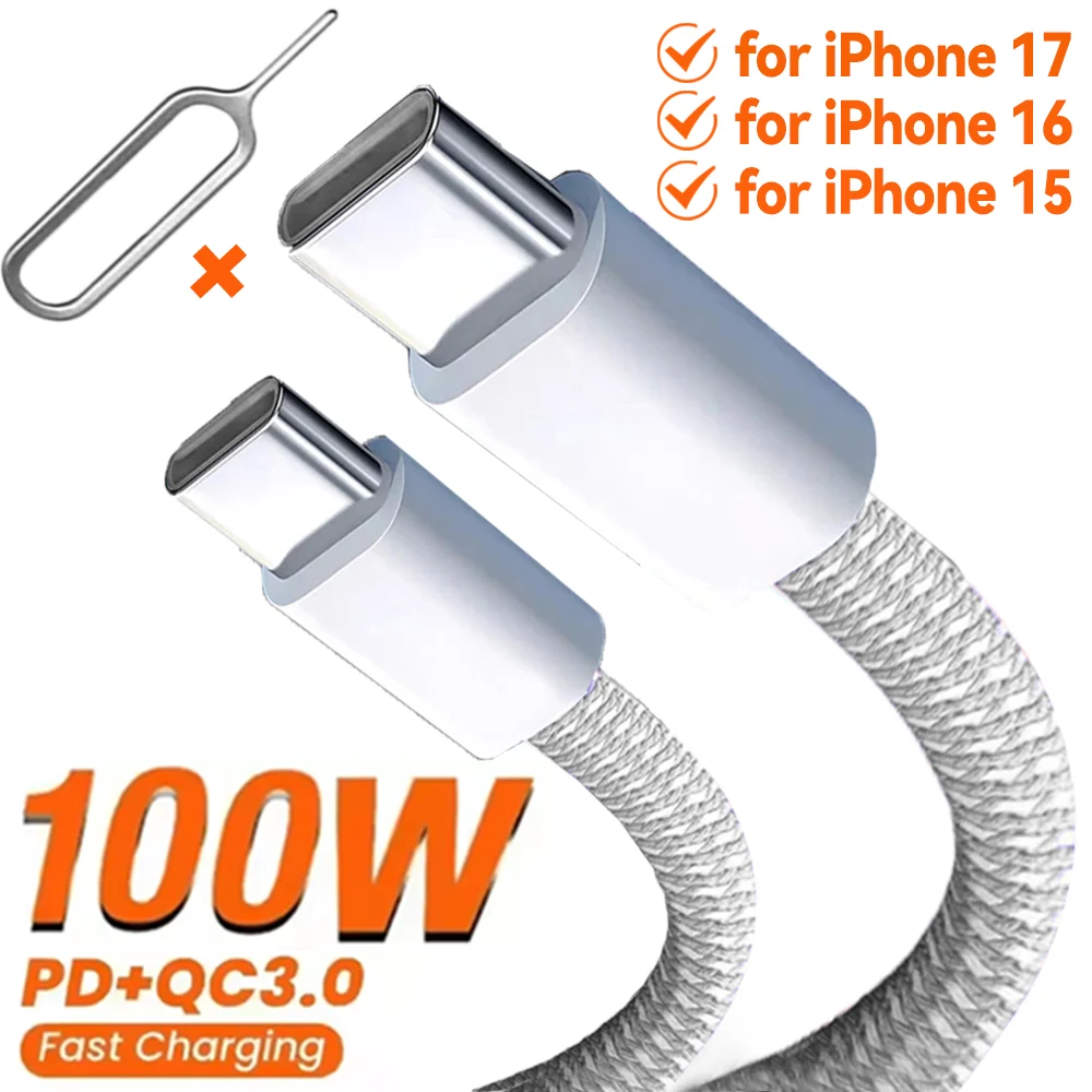 

100 Вт PD3.0 типа C для быстрой зарядки типа C с плетеным зарядным кабелем для iPhone 17 16 15 Samsung Huawei Xiaomi Android