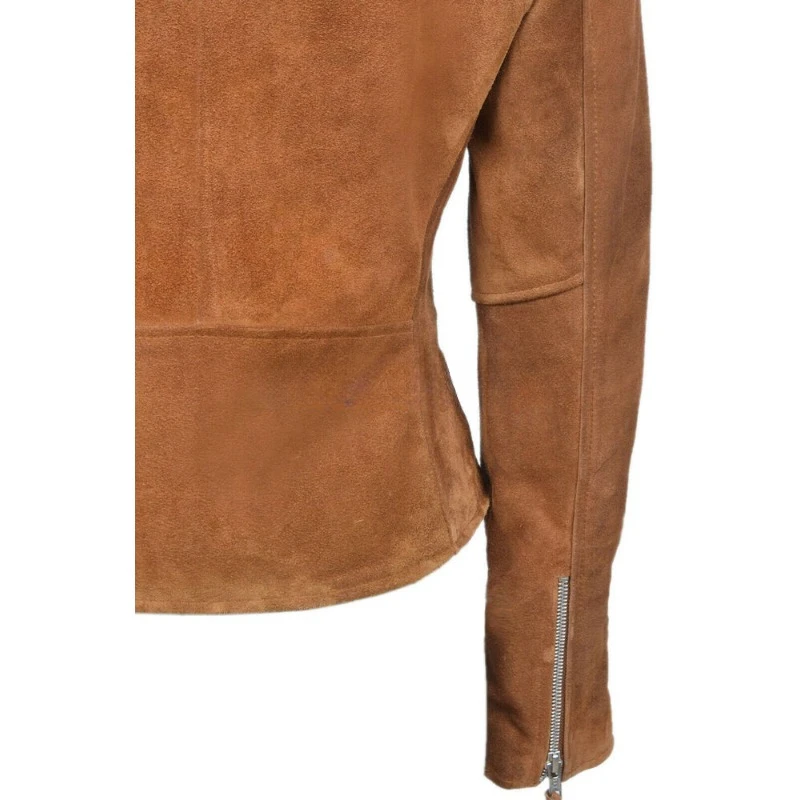 Jaqueta de couro genuíno puro feminino camurça, casaco motociclista cintado, Tan Design, artesanal