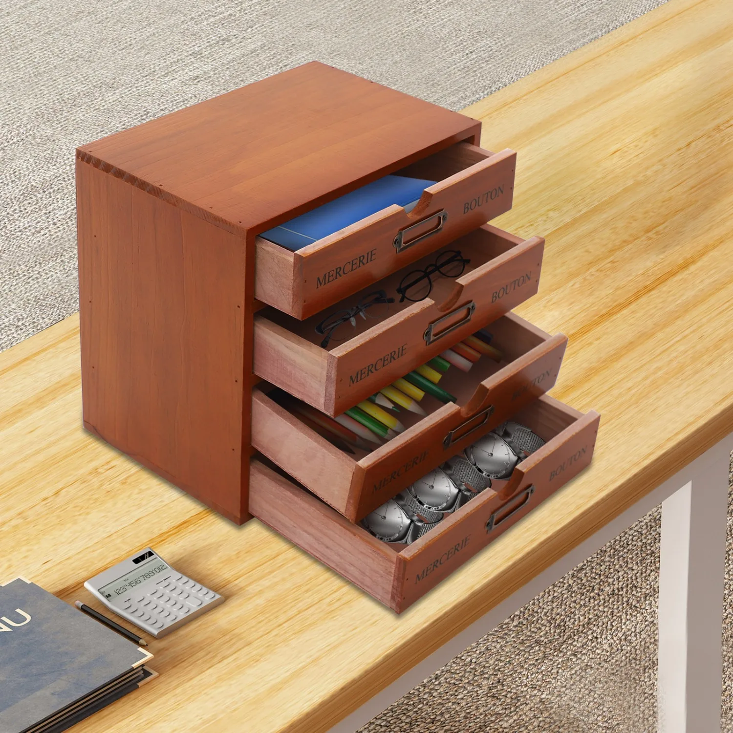 

Vintage 4-Drawer Wooden Desk Organizer - Stackable Storage Box for Art Supplies & Daily Items