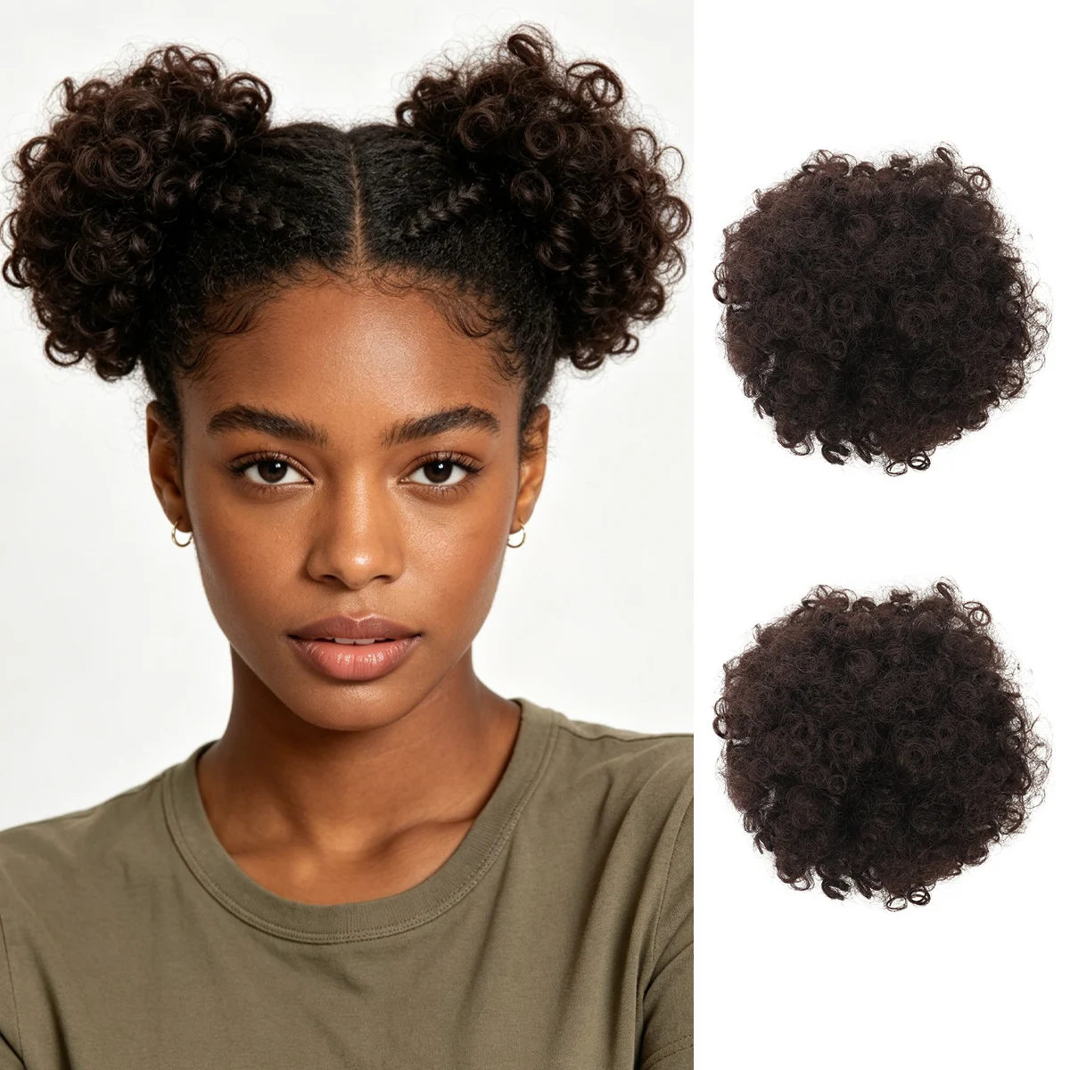 2Pcs Mini Afro Puff Bun Extensions Synthetic Kinky Curly Hair Buns Afro Hair Pieces For Black Women Daily Protective Hairstyle