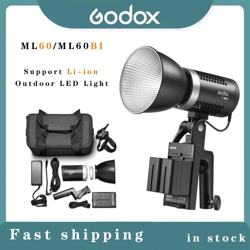 

Godox ML60Bi ML60 Bi 60W Bi-Color LED Light Silent Mode Portable Brightness Adjustment Support Li-ion Outdoor LED Light