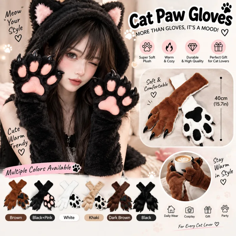 Fursuit Parts White Furry Paw Gloves Kigurumi Four Finger Animal Claw Hand Cover Cosplay Prop Anime Halloween Party Costume Gift