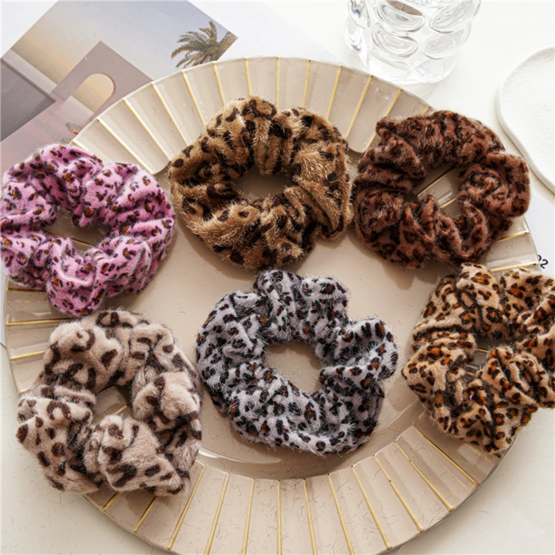 Retro Autumn Winter Leopard Print Scrunchies Hair Ties Coffee Pink Grey Rubber Band Exaggerated Hair Accessories for Women Girls