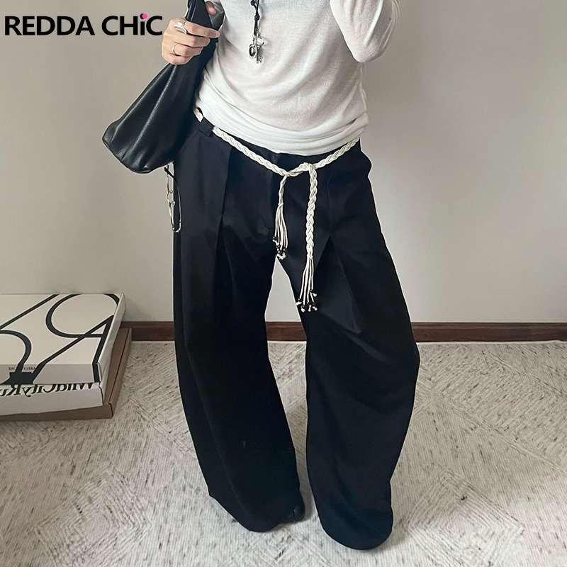 

REDDACHIC Vintage Black Pleated Oversize Suit Pants Men Low Waist Pockets Solid Draped Wide Leg Long Trousers OL Casual Clothes