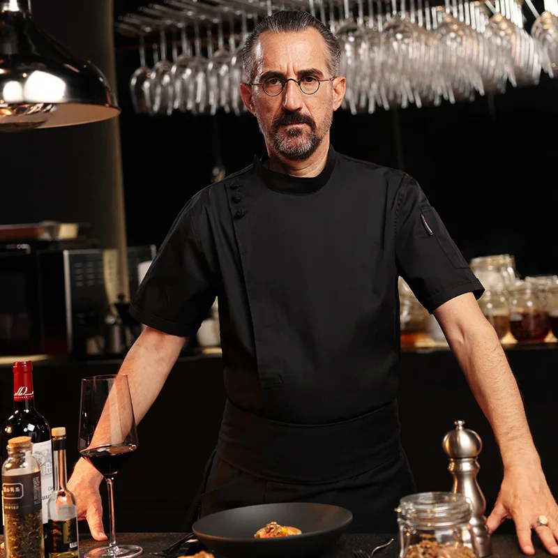 Veste de Chef unisexe à manches courtes, manteau de cuisine, uniforme de serveur de Restaurant, haut