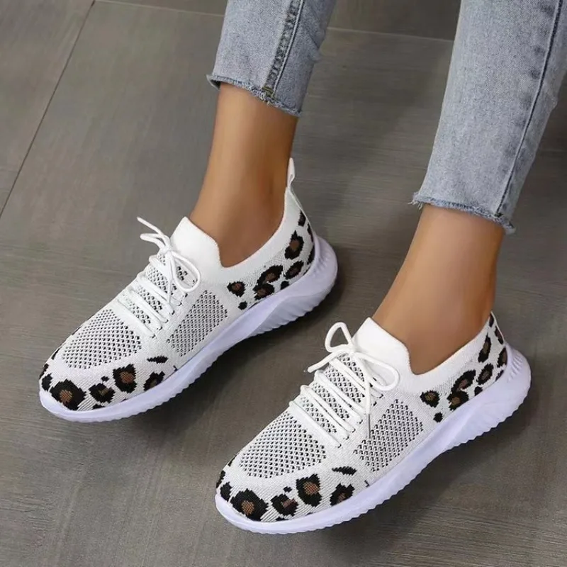 Grote Maat Schoenen Voor Dames Sneakers 35-43 Luipaardprint Ademende Mesh Zomer Antislip Gebreide Flats Comfort Hardloopsportschoenen