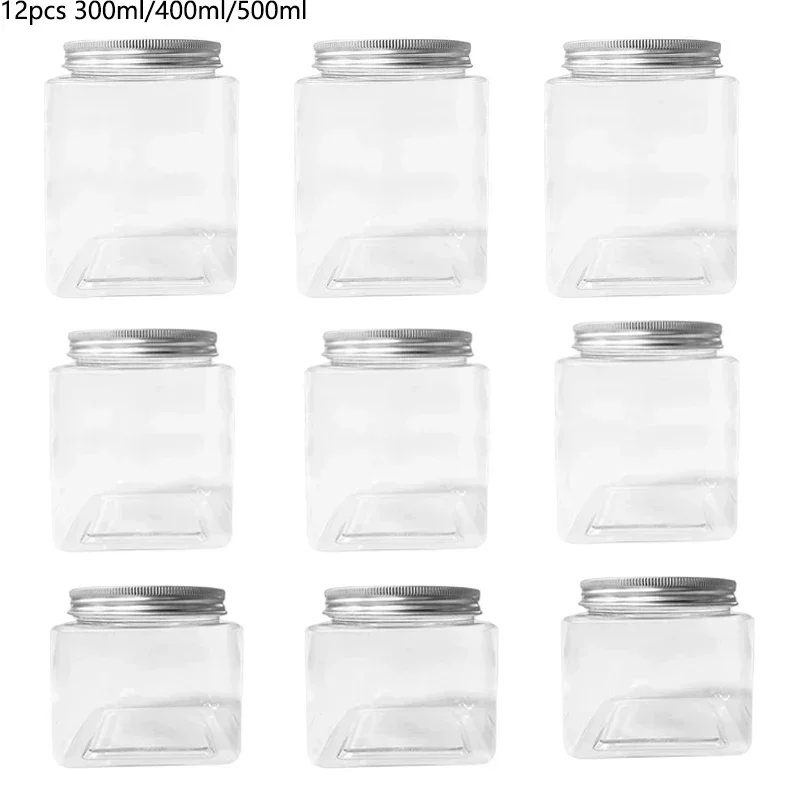 Tarro de plástico de boca ancha para mascotas, botellas transparentes con tapa de aluminio, contenedor sellado redondo, tarros de almacenamiento de cereales, dulces y miel, 12 Uds.